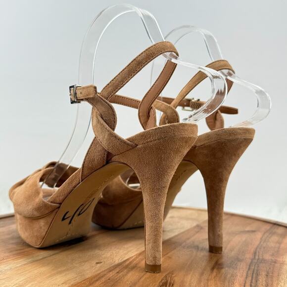 Vince Camuto Tan Suede Platform 8.5M Stiletto Heels Knotted Ankle Strap Sandals - Picture 7 of 16